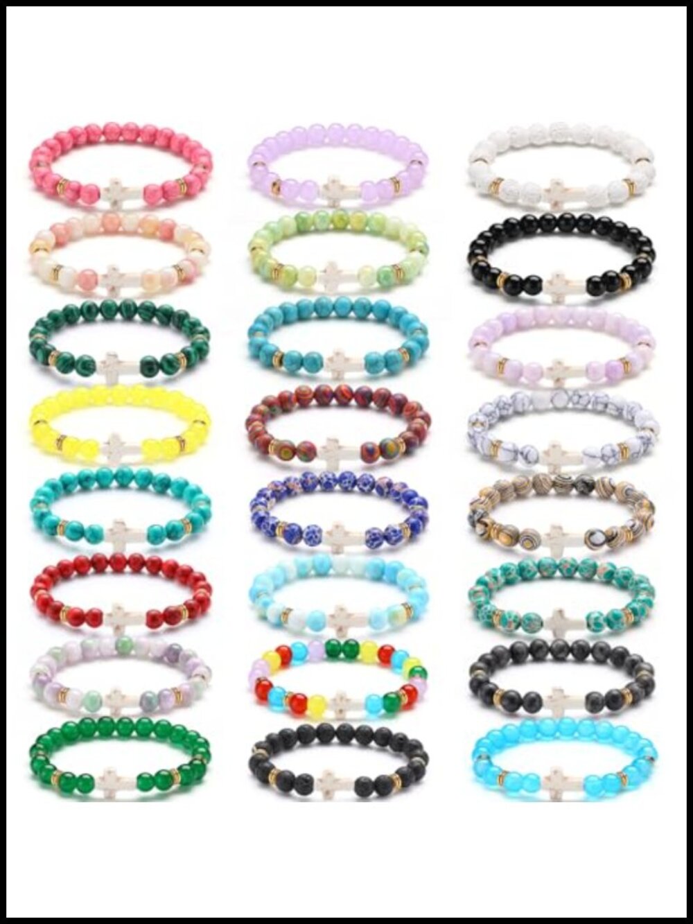24 Pcs 8mm Natural Stone Beaded Cross Bracelets Elastic Stretch